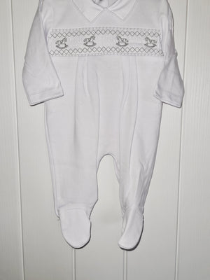 White smocked rocking horse sleepsuit