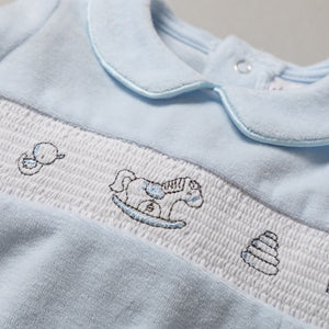 Baby boys smocked velour all in one- Toy motif