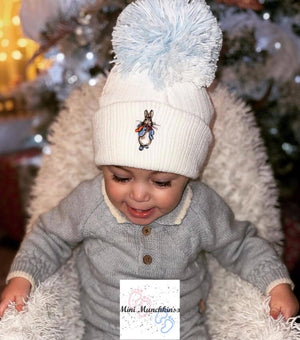 White Peter rabbit embroidered Pom Pom hat