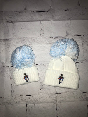 White Peter rabbit embroidered Pom Pom hat