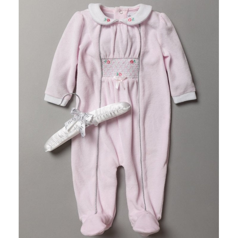 Baby girls pink velour all in one with flower embroidery