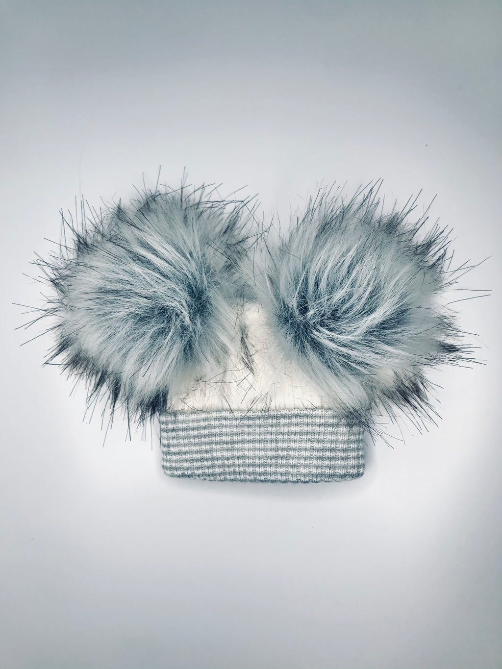 Grey & White double faux fur Pom Pom hat