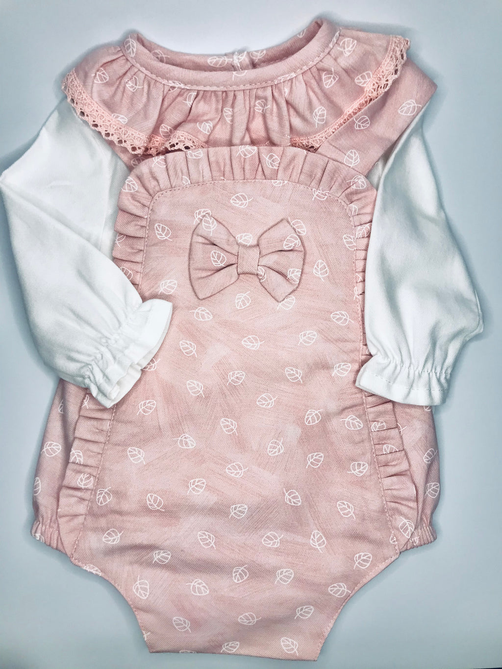 Baby girls rose gold two piece dungaree set with bow