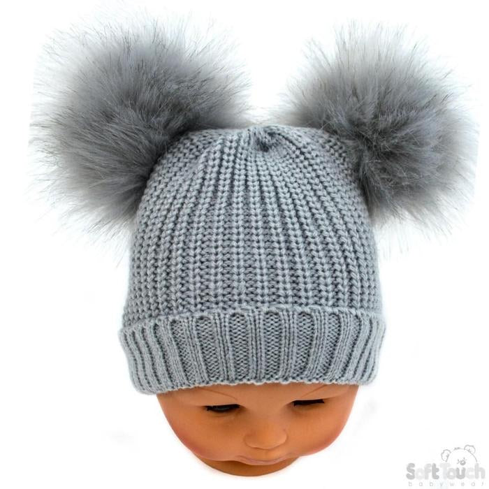 Grey knit double fur Pom Pom hat
