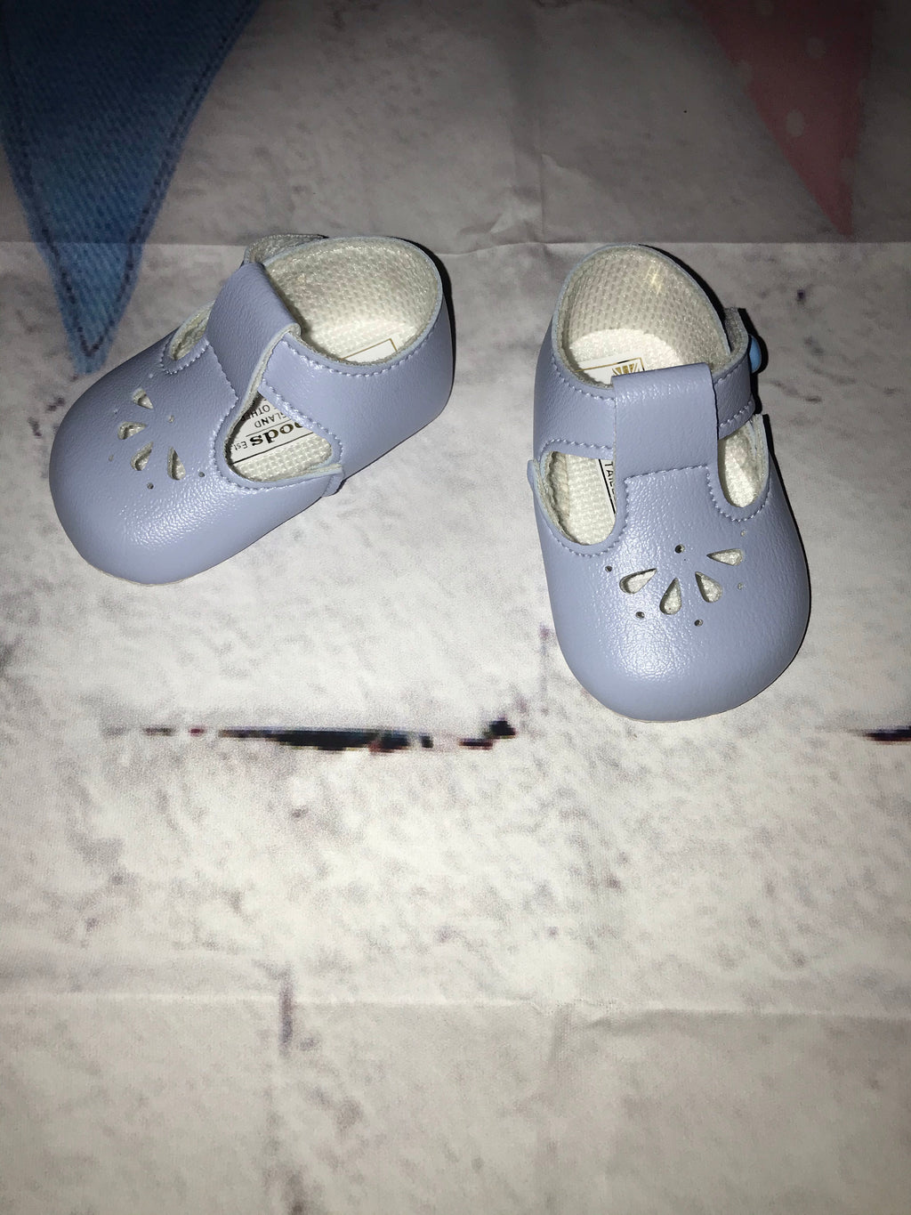 Blue unisex baby pram shoes with soft sole & fan effect front