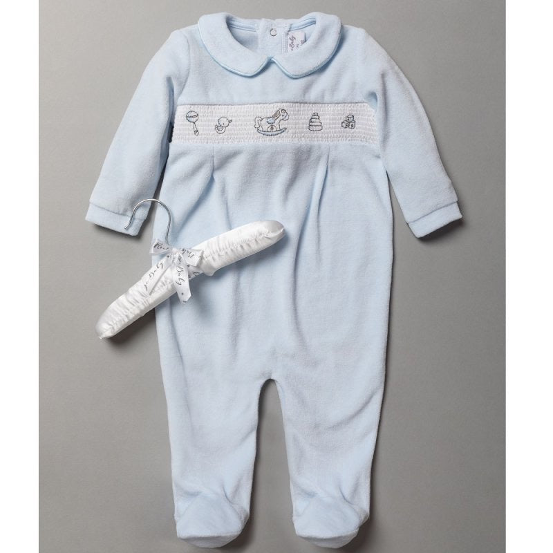 Baby boys smocked velour all in one- Toy motif